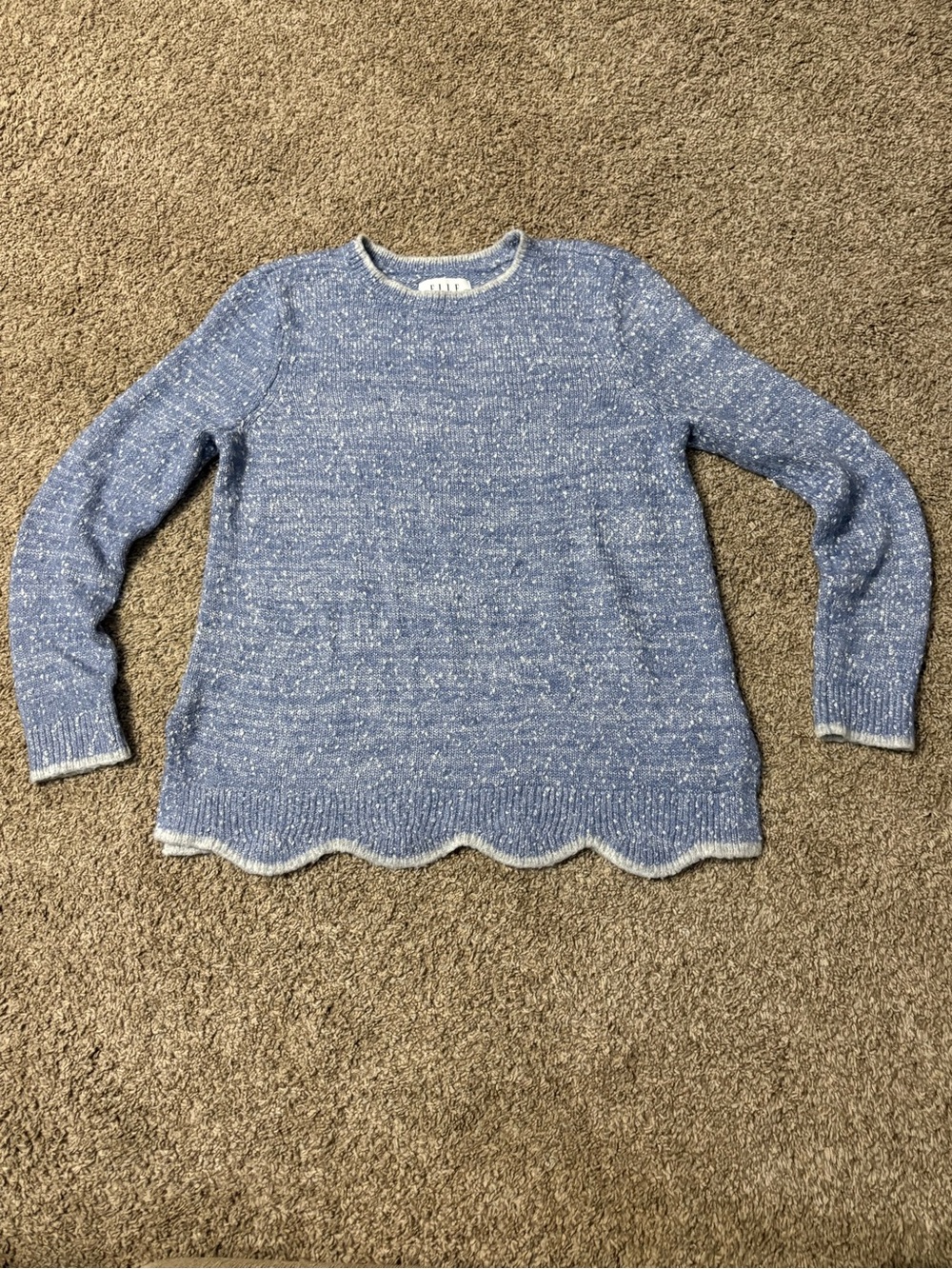 Elle Light Blue Flecked Crewneck Sweater with Scalloped Hem